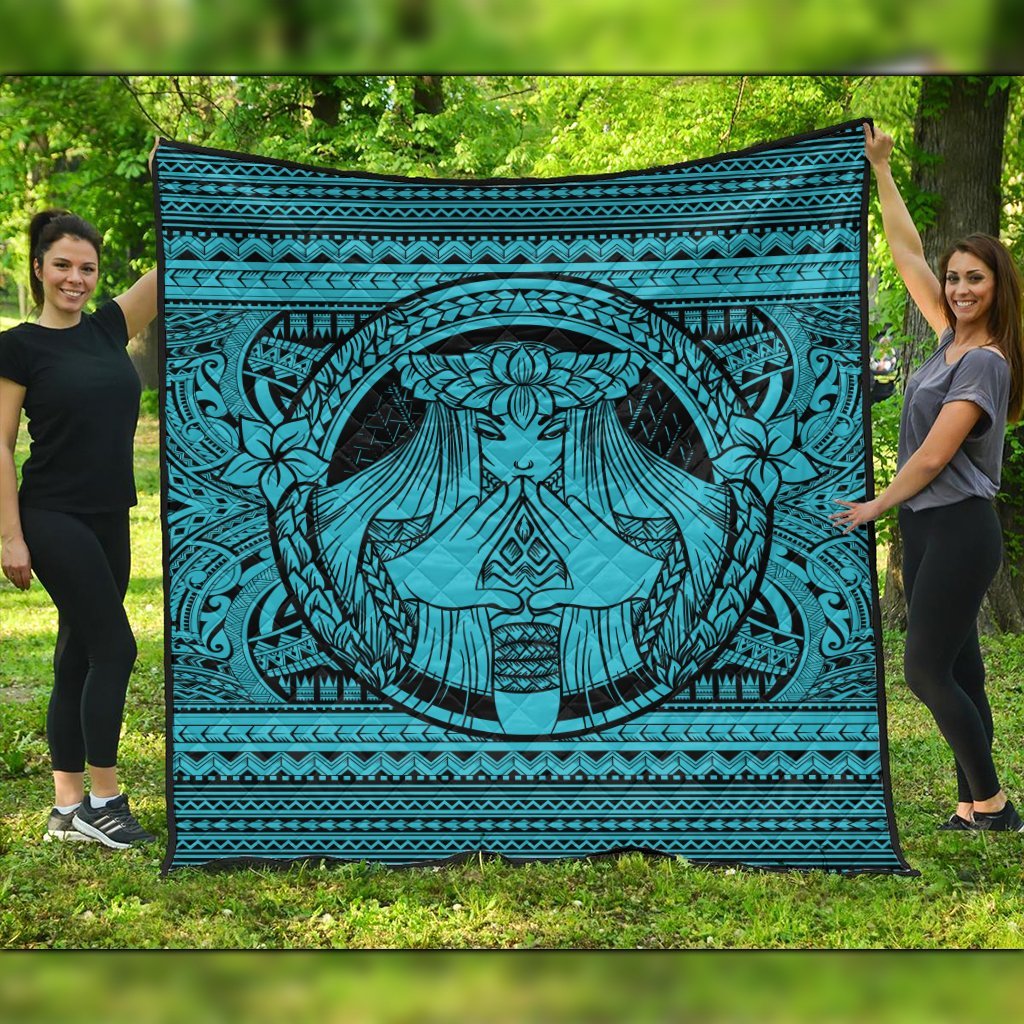 Hawaiian Map Madame Pele Mauna Kea Plumeria Polynesian Premium Quilts Blue AH Black - Polynesian Pride