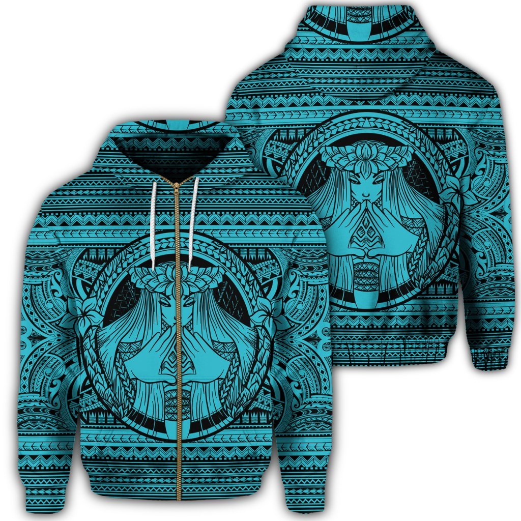 Hawaiian Map Madame Pele Mauna Kea Plumeria Polynesian Zip Hoodie Blue Unisex Art - Polynesian Pride