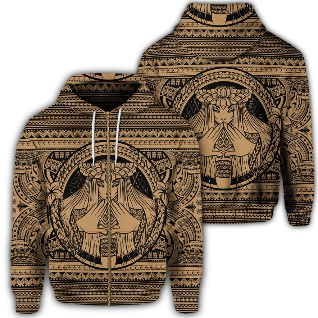 Hawaiian Map Madame Pele Mauna Kea Plumeria Polynesian Zip Hoodie Gold Unisex Art - Polynesian Pride