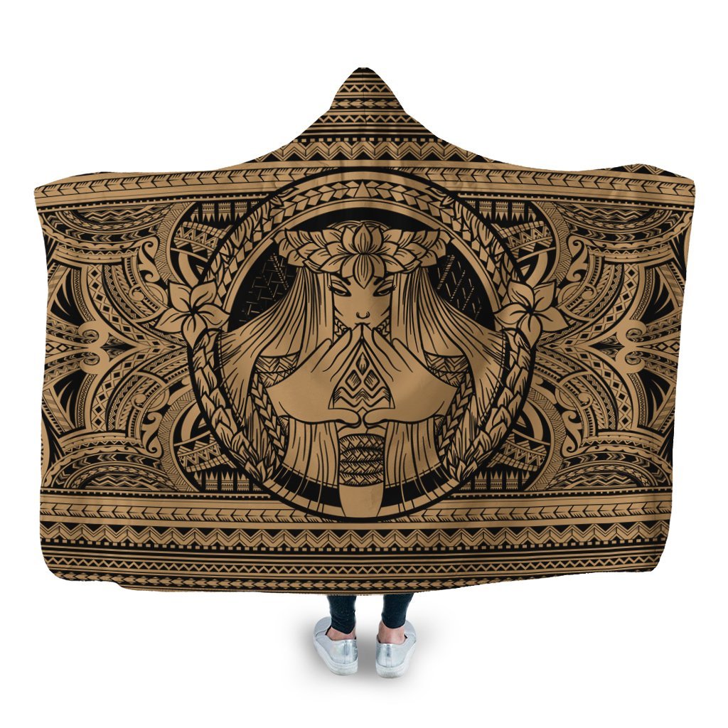 Hawaiian Map Madame Pele Mauna Kea Plumeria Polynesian Hooded Blanket Gold AH Hooded Blanket White - Polynesian Pride