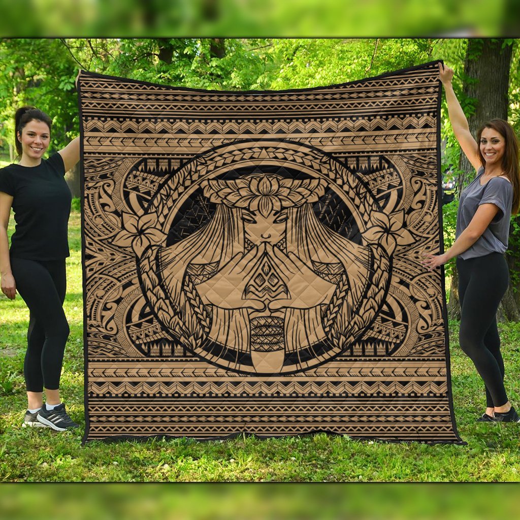 Hawaiian Map Madame Pele Mauna Kea Plumeria Polynesian Premium Quilts Gold AH Black - Polynesian Pride