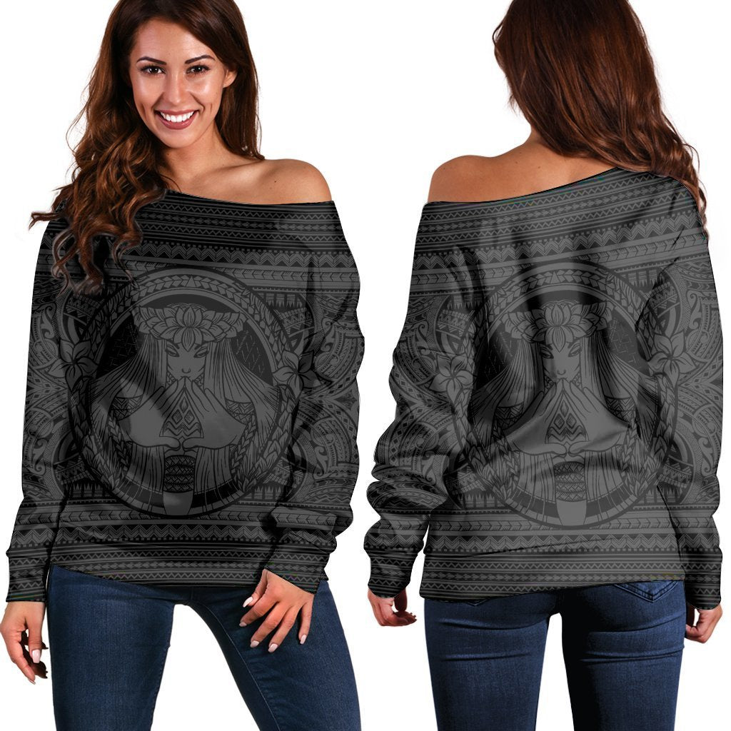 Hawaiian Map Madame Pele Mauna Kea Plumeria Polynesian Women's Off Shoulder Sweater Gray AH Black - Polynesian Pride