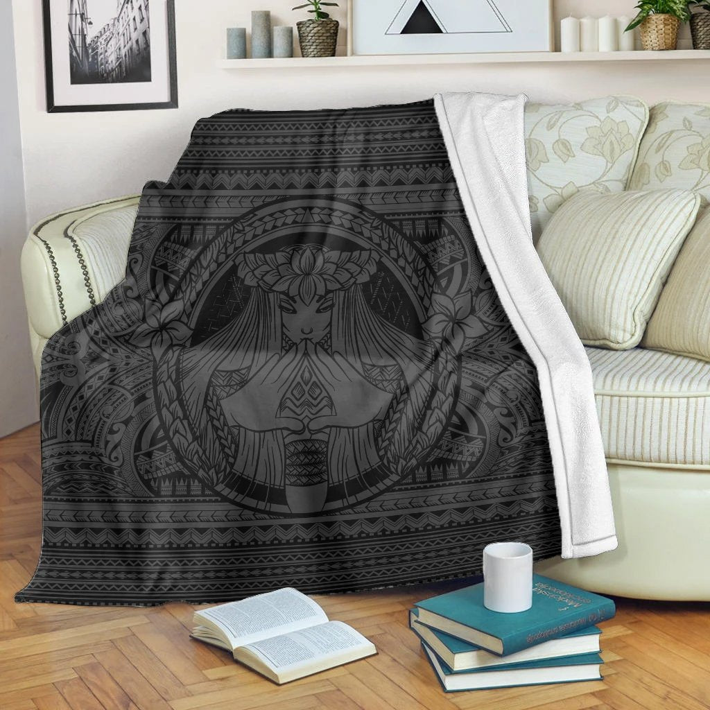 Hawaiian Map Madame Pele Mauna Kea Plumeria Polynesian Premium Blankets Gray AH White - Polynesian Pride