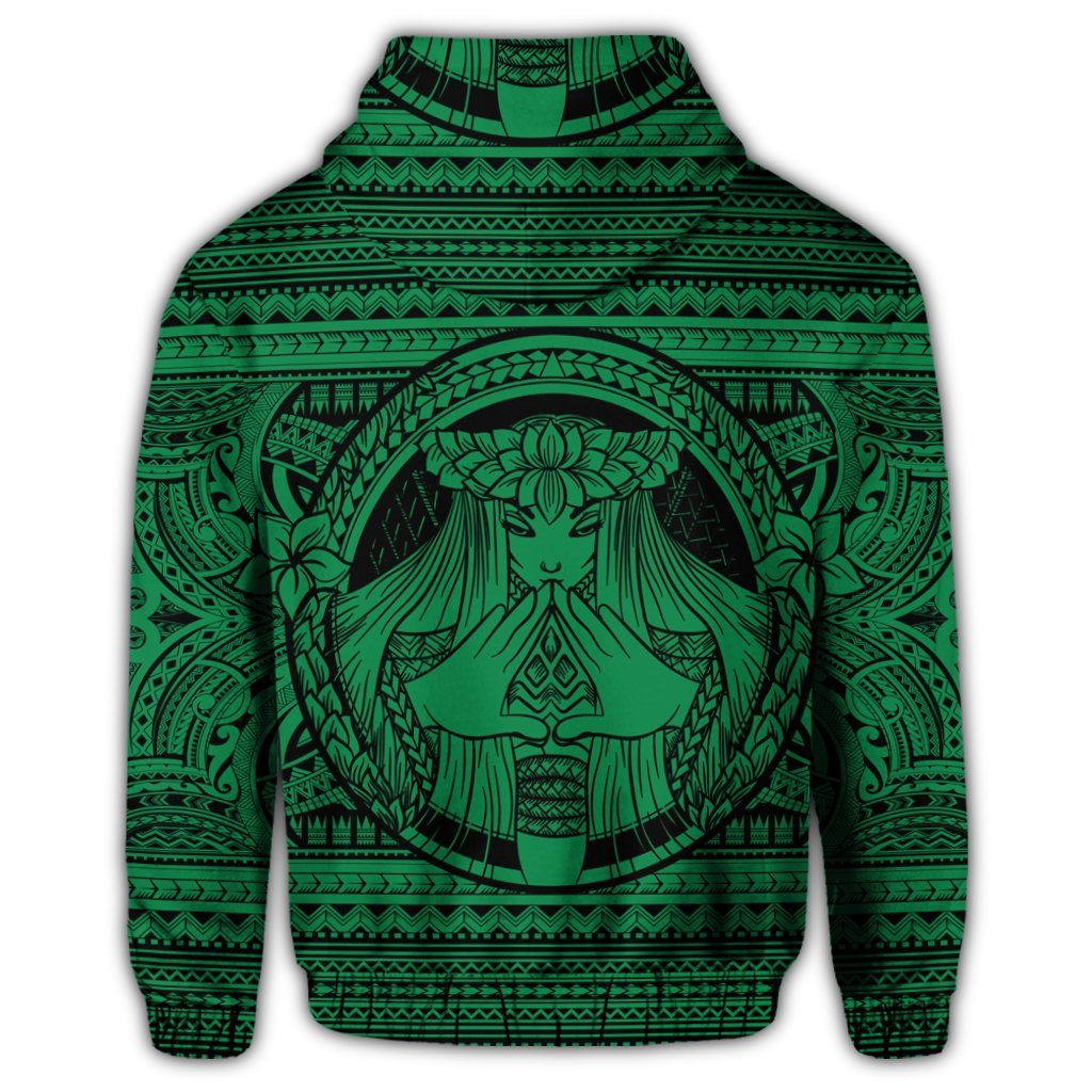 Hawaiian Map Madame Pele Mauna Kea Plumeria Polynesian Hoodie Green - Polynesian Pride