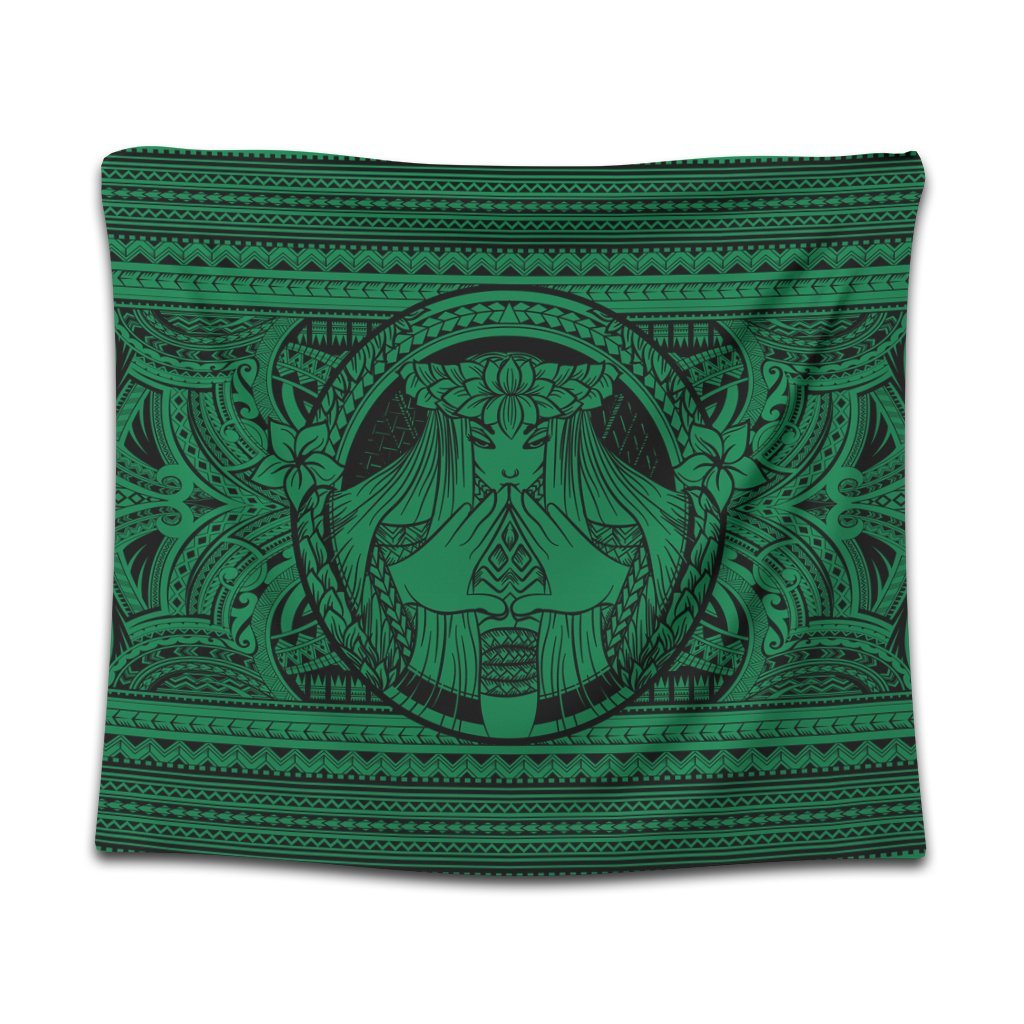 Hawaiian Map Madame Pele Mauna Kea Plumeria Polynesian Tapestry Green AH Wall Tapestry Black - Polynesian Pride