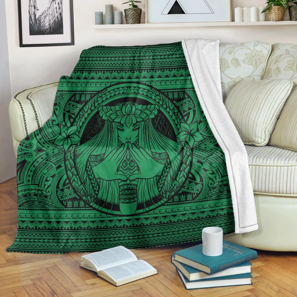 Hawaiian Map Madame Pele Mauna Kea Plumeria Polynesian Premium Blankets Green AH White - Polynesian Pride