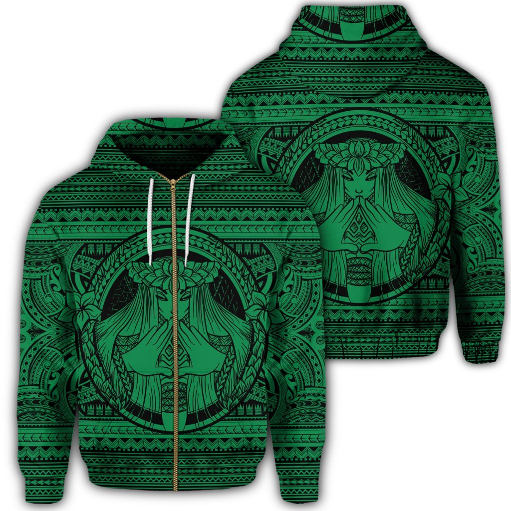 Hawaiian Map Madame Pele Mauna Kea Plumeria Polynesian Zip Hoodie Green Unisex Art - Polynesian Pride