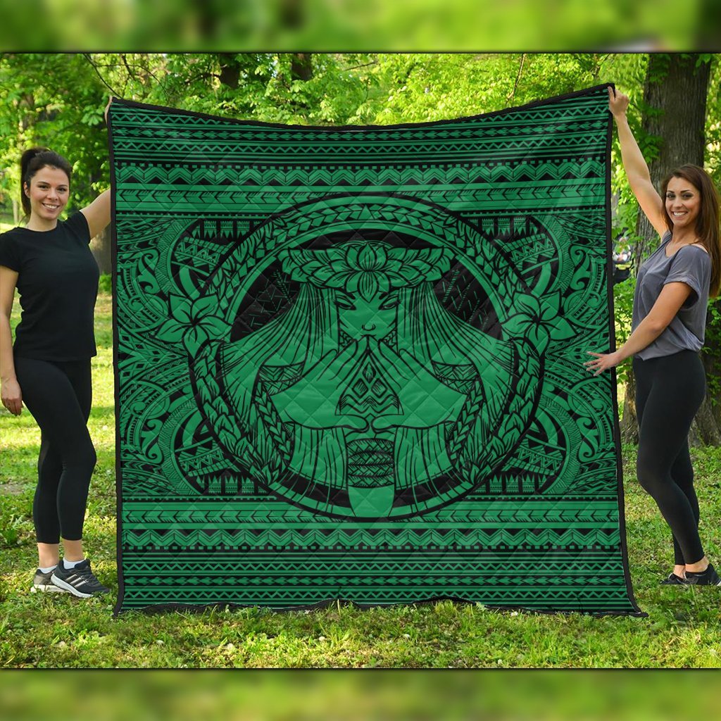 Hawaiian Map Madame Pele Mauna Kea Plumeria Polynesian Premium Quilts Green AH Black - Polynesian Pride