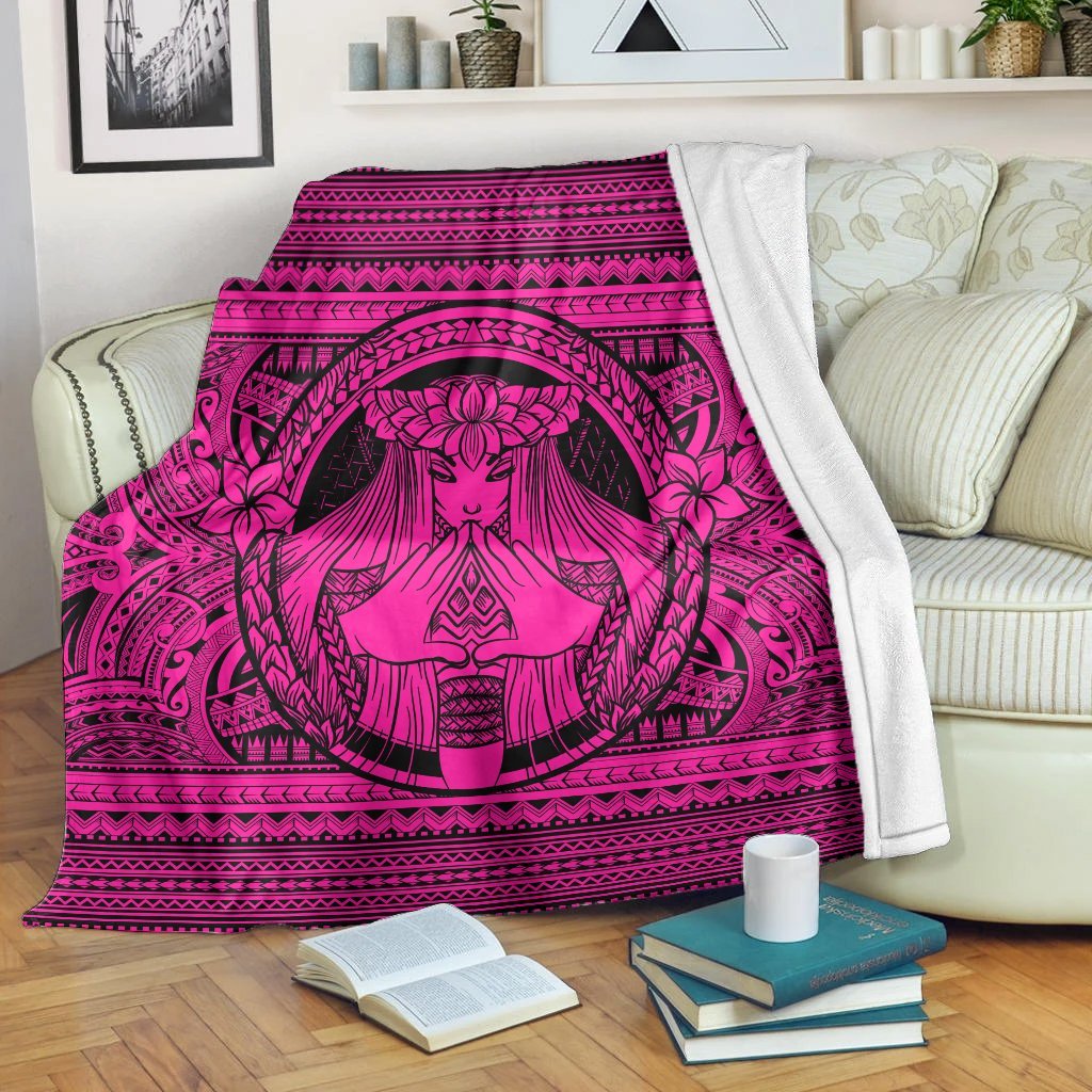 Hawaiian Map Madame Pele Mauna Kea Plumeria Polynesian Premium Blankets Pink AH White - Polynesian Pride