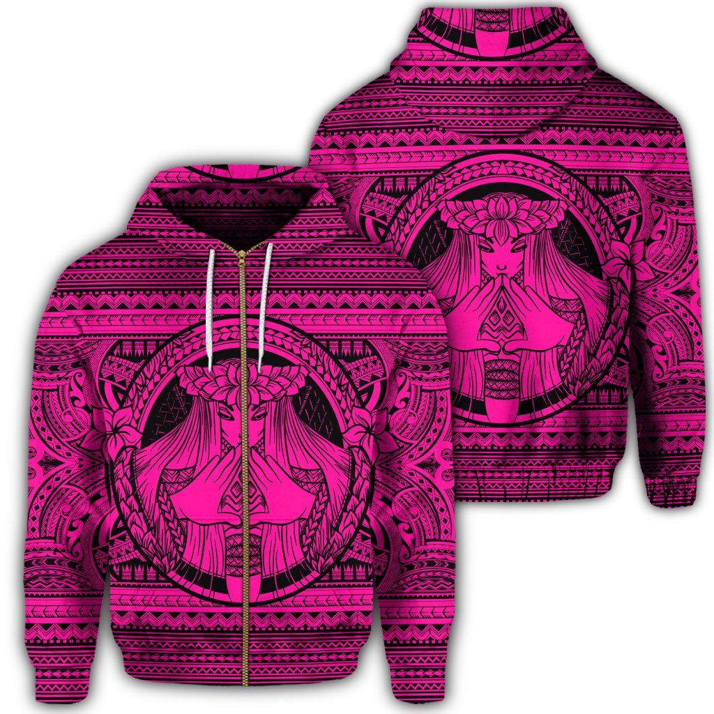 Hawaiian Map Madame Pele Mauna Kea Plumeria Polynesian Zip Hoodie Pink Unisex Art - Polynesian Pride