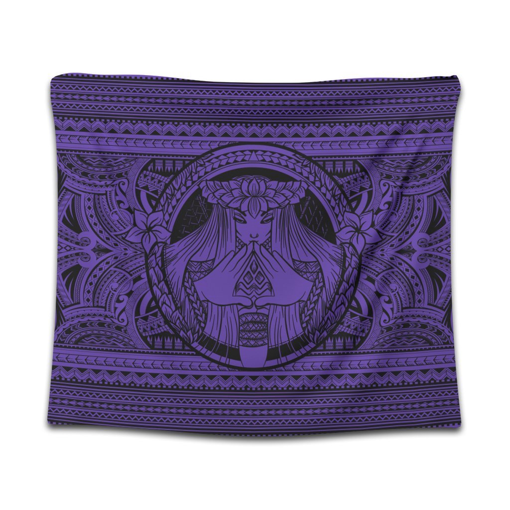 Hawaiian Map Madame Pele Mauna Kea Plumeria Polynesian Tapestry Purple AH Wall Tapestry Black - Polynesian Pride