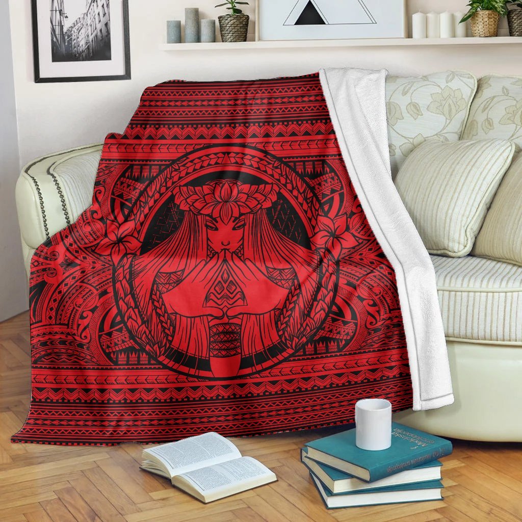 Hawaiian Map Madame Pele Mauna Kea Plumeria Polynesian Premium Blankets Red AH White - Polynesian Pride