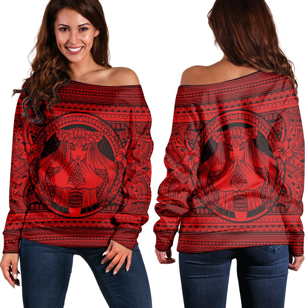 Hawaiian Map Madame Pele Mauna Kea Plumeria Polynesian Women's Off Shoulder Sweater Red AH Black - Polynesian Pride