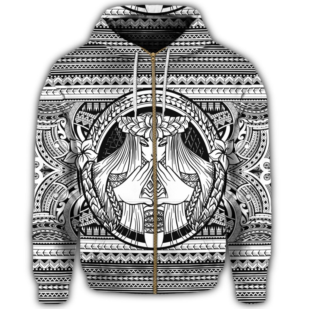 Hawaiian Map Madame Pele Mauna Kea Plumeria Polynesian Zip Hoodie White - Polynesian Pride