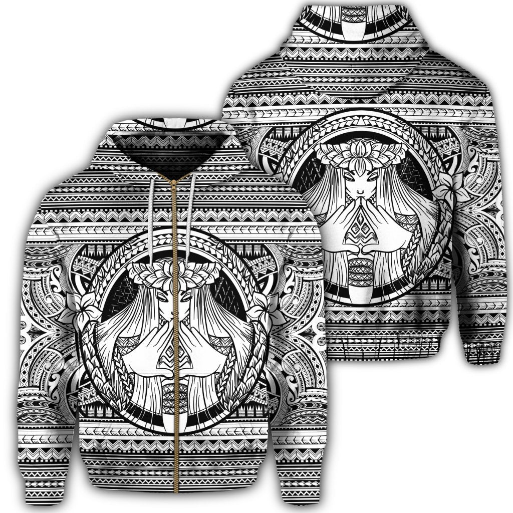 Hawaiian Map Madame Pele Mauna Kea Plumeria Polynesian Zip Hoodie White Unisex Art - Polynesian Pride