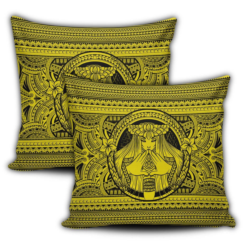 Hawaiian Map Madame Pele Mauna Kea Plumeria Polynesian Pillow Covers Yellow AH - Polynesian Pride
