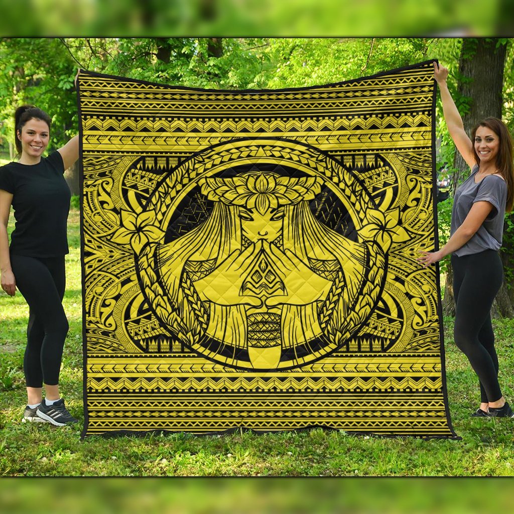 Hawaiian Map Madame Pele Mauna Kea Plumeria Polynesian Premium Quilts Yellow AH Black - Polynesian Pride