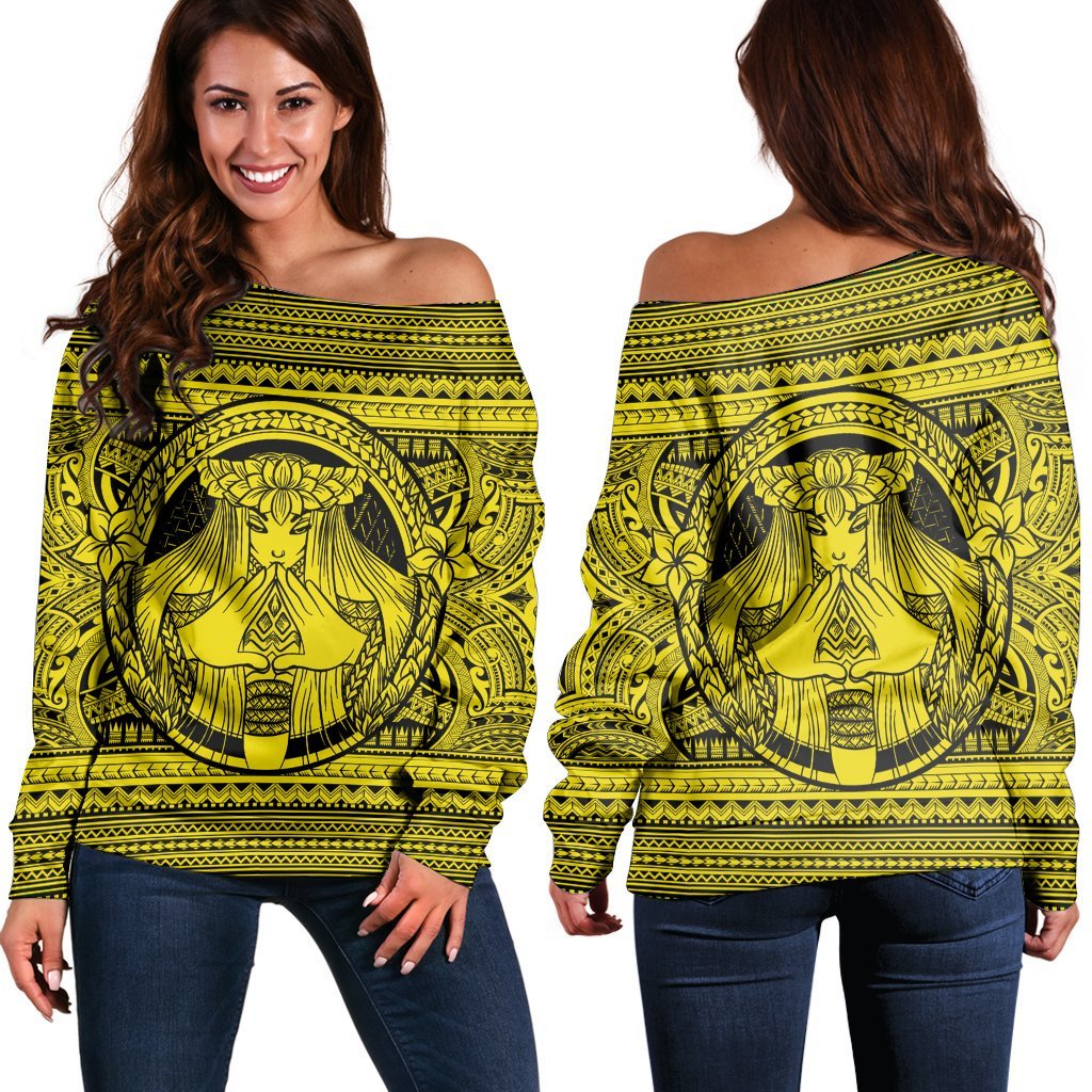 Hawaiian Map Madame Pele Mauna Kea Plumeria Polynesian Women's Off Shoulder Sweater Yellow AH Black - Polynesian Pride