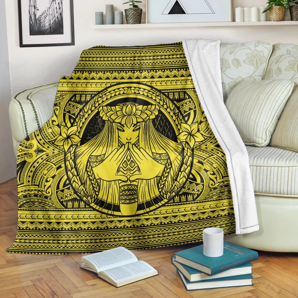 Hawaiian Map Madame Pele Mauna Kea Plumeria Polynesian Premium Blankets Yellow AH White - Polynesian Pride