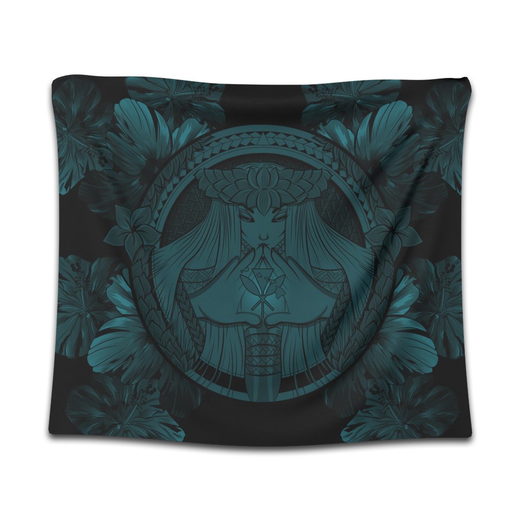 Hawaiian Map Madame Pele Polynesian Tapestry Blue AH Wall Tapestry Black - Polynesian Pride