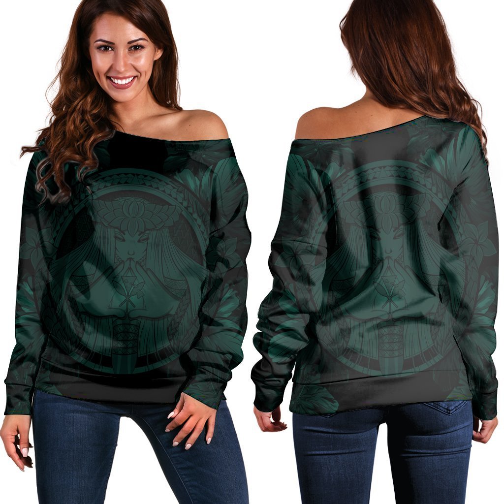 Hawaiian Map Madame Pele Polynesian Women's Off Shoulder Sweater Dark Green AH Black - Polynesian Pride