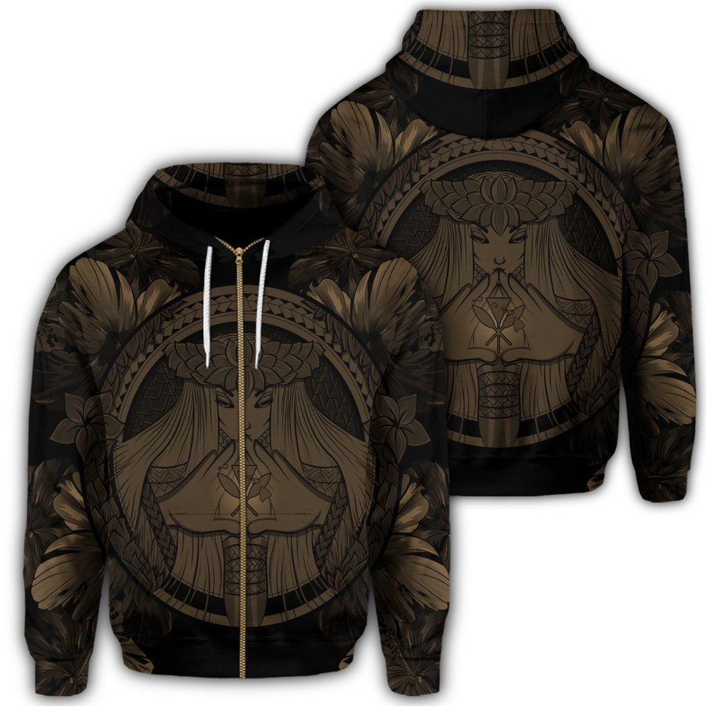 Hawaiian Map Madame Pele Polynesian Zip Hoodie Gold Unisex Art - Polynesian Pride