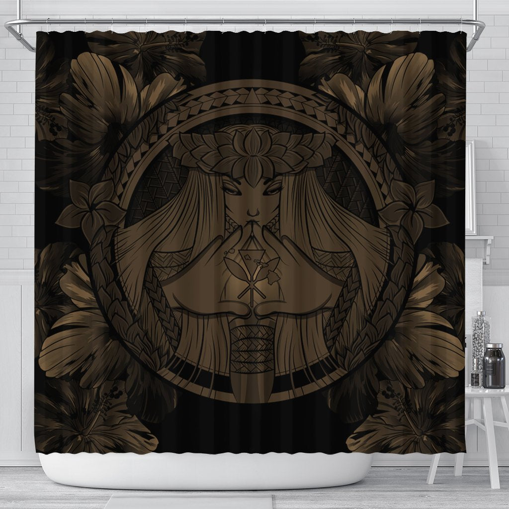 Hawaiian Map Madame Pele Polynesian Shower Curtain Gold AH 177 x 172 (cm) Black - Polynesian Pride