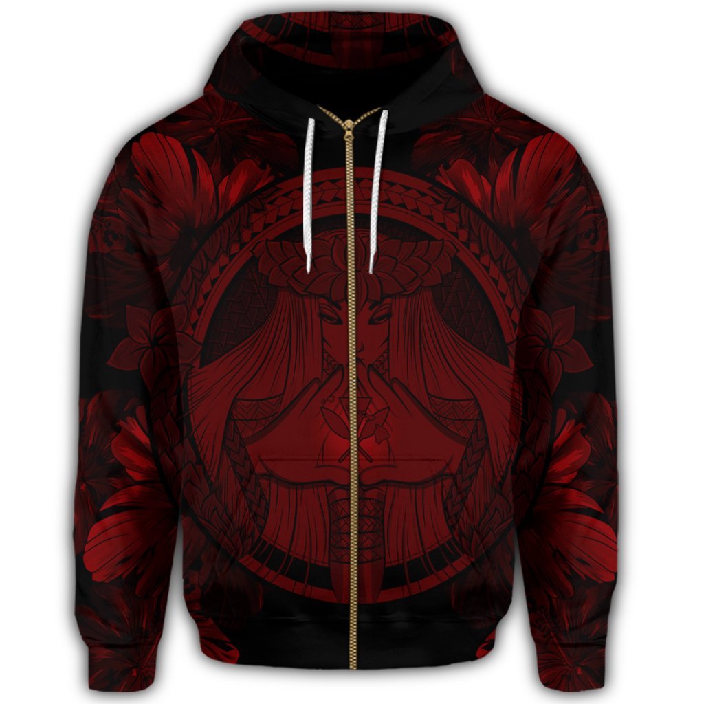 Hawaiian Map Madame Pele Polynesian Zip Hoodie Red - Polynesian Pride