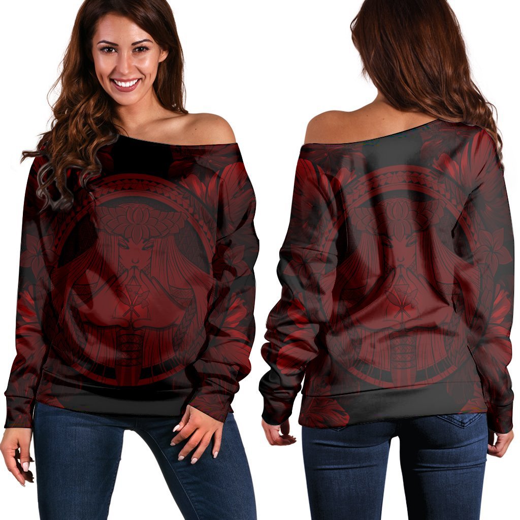 Hawaiian Map Madame Pele Polynesian Women's Off Shoulder Sweater Red AH Black - Polynesian Pride