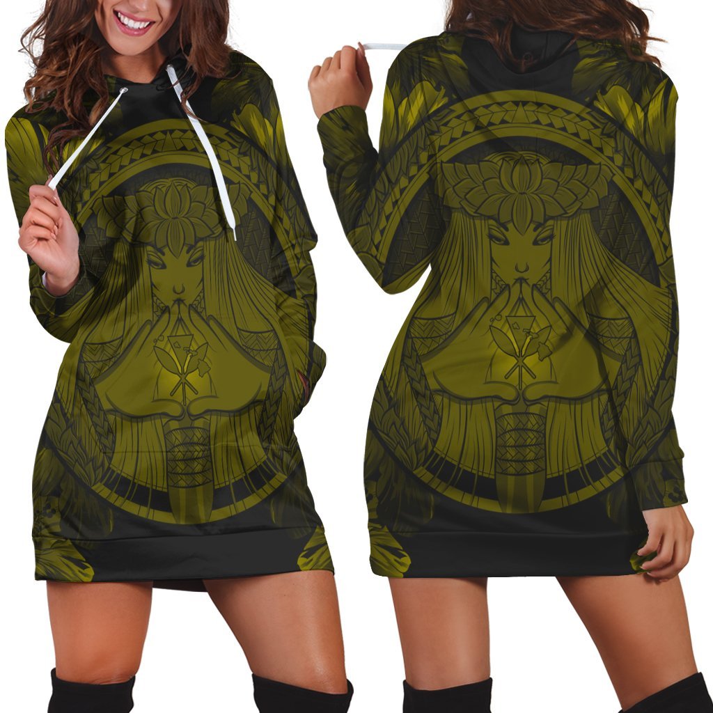 Hawaiian Map Madame Pele Polynesian Hoodie Dress Yellow AH Black - Polynesian Pride