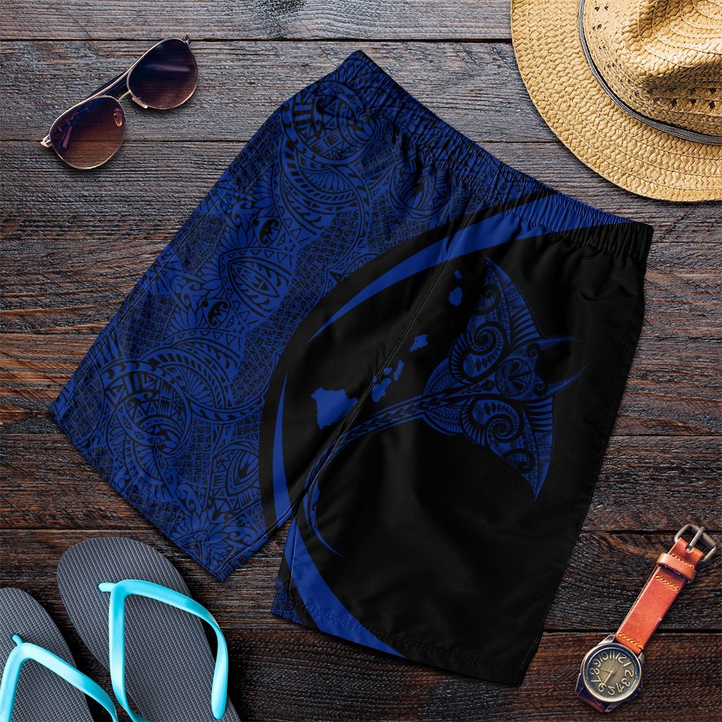 Hawaiian Map Manta Ray Blue Polynesian Men's Shorts - AH Art - Polynesian Pride