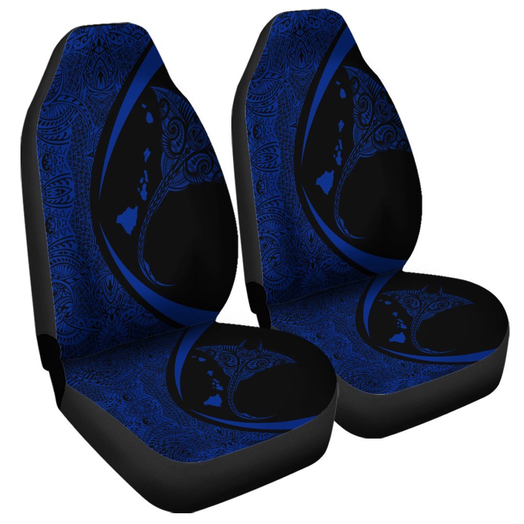 Hawaiian Map Manta Ray Blue Polynesian Car Seat Covers - AH Universal Fit Black - Polynesian Pride