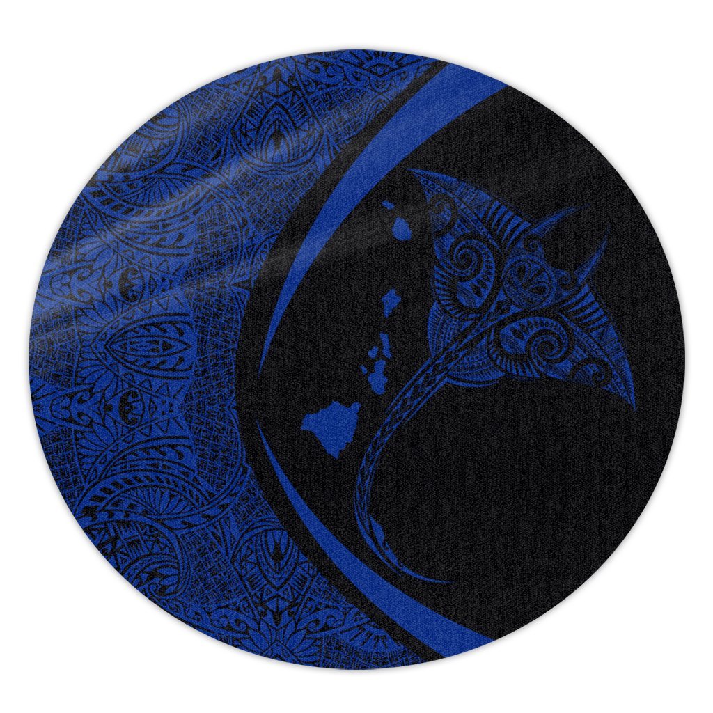 Hawaiian Map Manta Ray Blue Polynesian Round Carpet - AH Round Carpet Luxurious Plush - Polynesian Pride