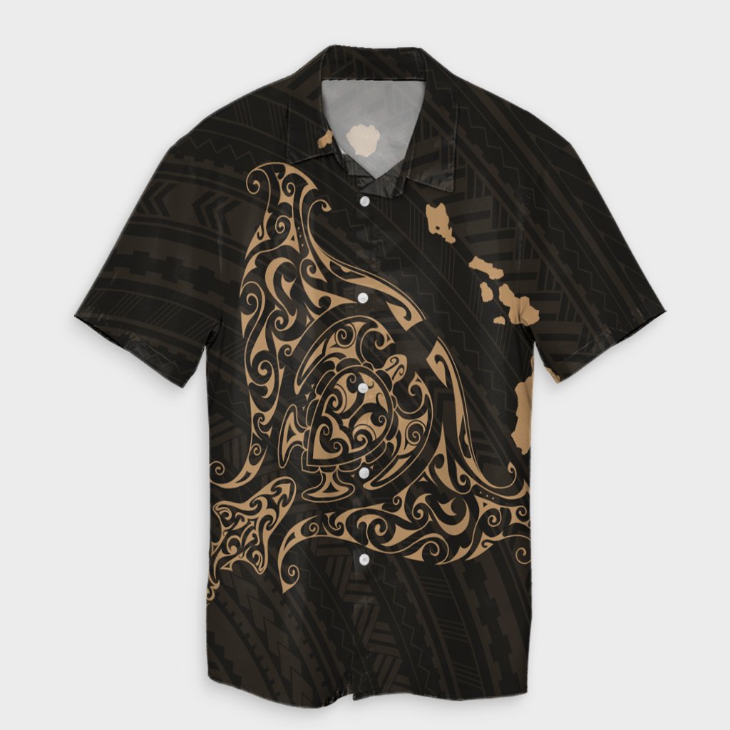 Hawaiian Map Manta Ray Gold Polynesian Hawaiian Shirt - AH Unisex Black - Polynesian Pride