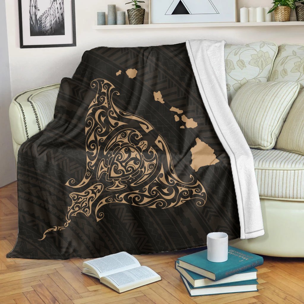 Hawaiian Map Manta Ray Gold Polynesian Premium Blankets - AH White - Polynesian Pride