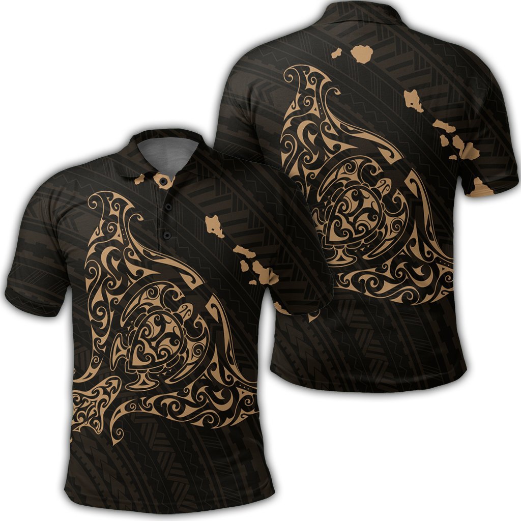 Hawaiian Map Manta Ray Gold Polynesian Polo Shirt Unisex Black - Polynesian Pride