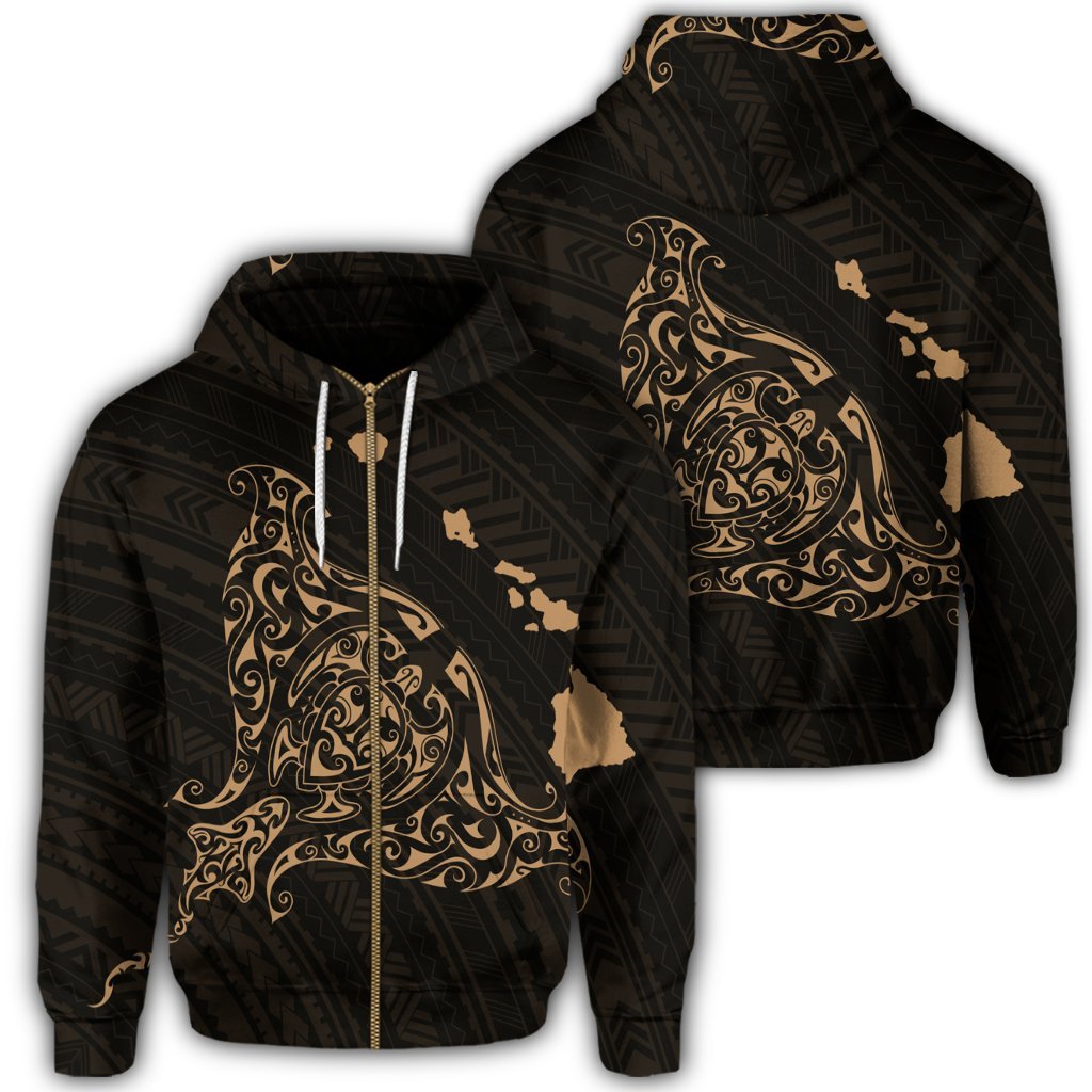 Hawaiian Map Manta Ray Gold Polynesian Zip Hoodie Unisex Art - Polynesian Pride