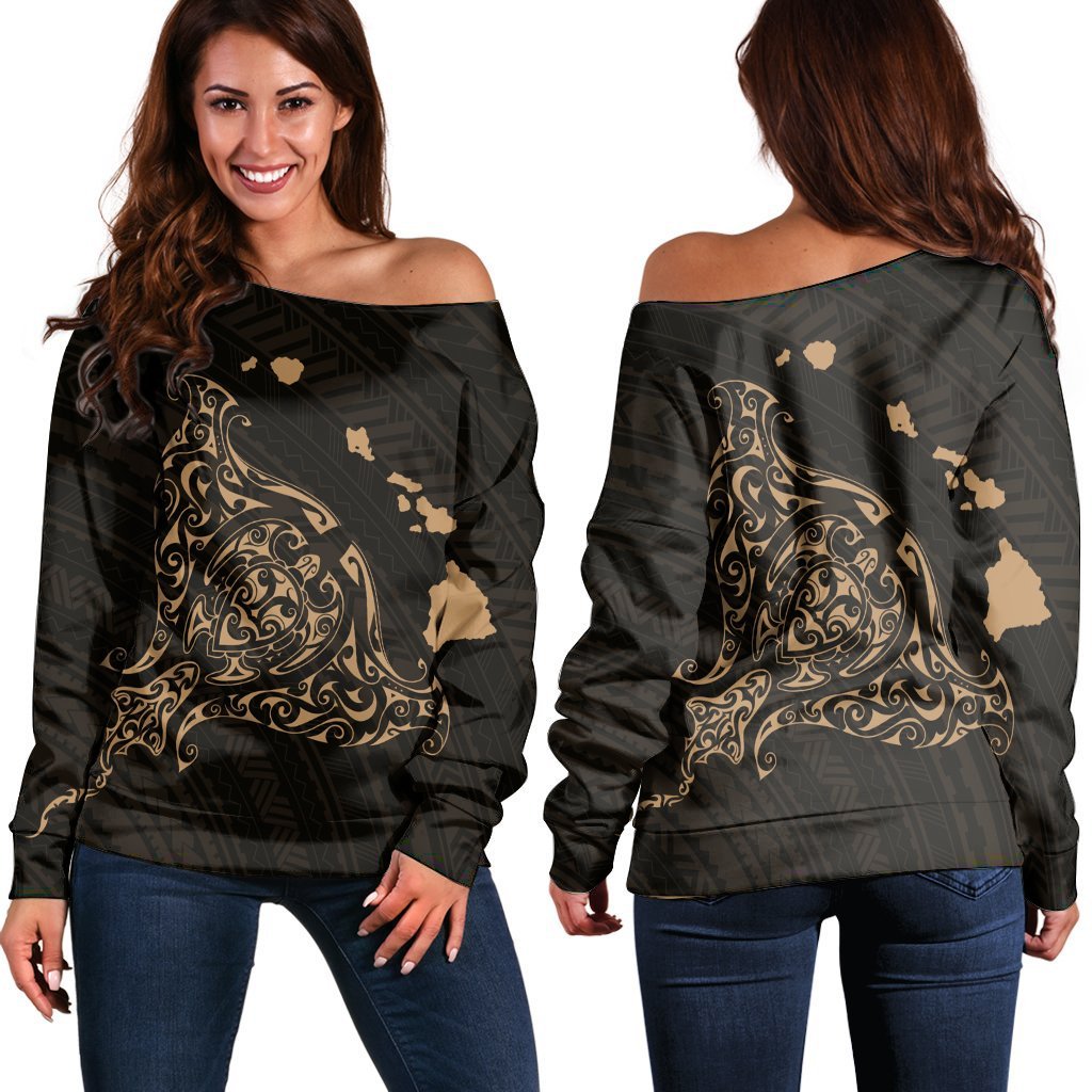 Hawaiian Map Manta Ray Gold Polynesian Women's Off Shoulder Sweater - AH Black - Polynesian Pride