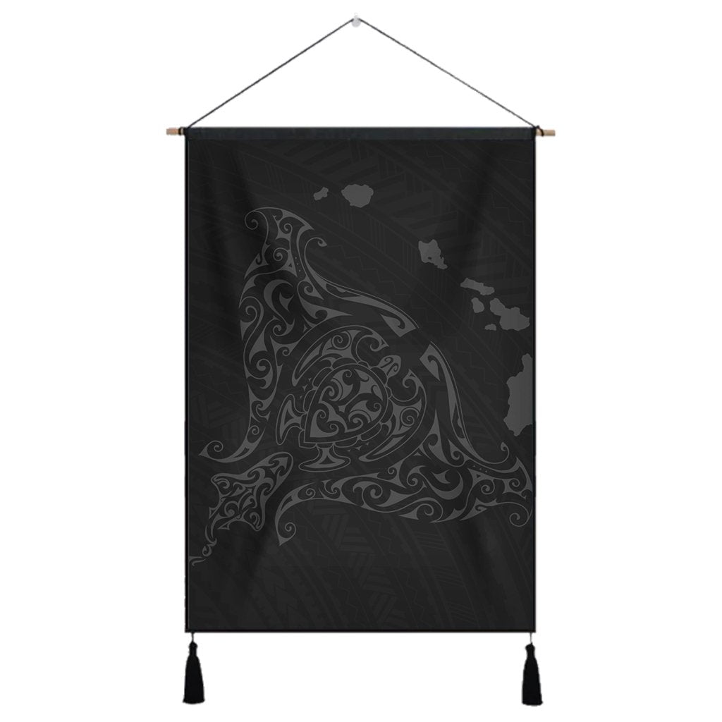 Hawaiian Map Manta Ray Gray Polynesian Hanging Poster - AH Hanging Poster Cotton And Linen - Polynesian Pride