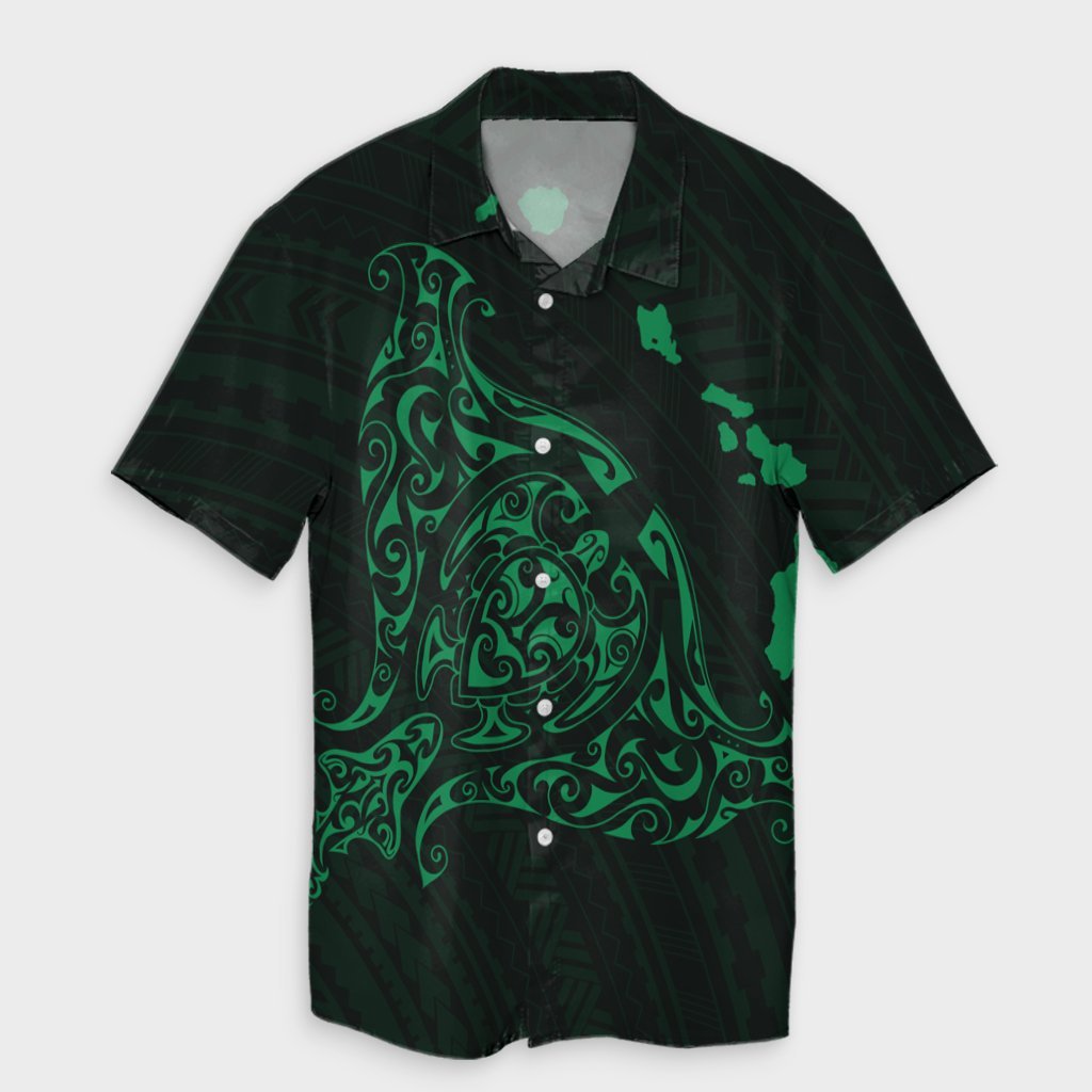 Hawaiian Map Manta Ray Green Polynesian Hawaiian Shirt - AH Unisex Black - Polynesian Pride