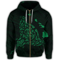 Hawaiian Map Manta Ray Green Polynesian Zip Hoodie - Polynesian Pride