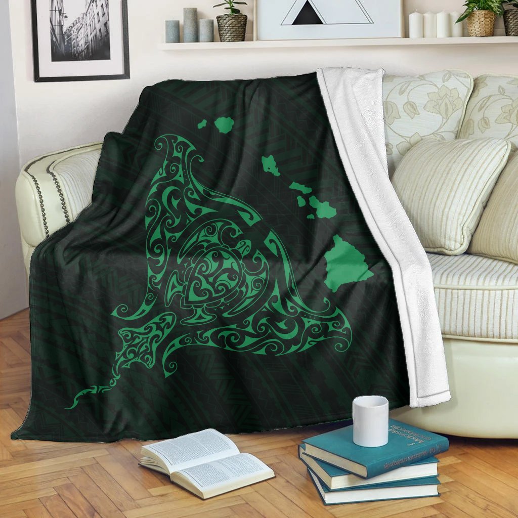 Hawaiian Map Manta Ray Green Polynesian Premium Blankets - AH White - Polynesian Pride