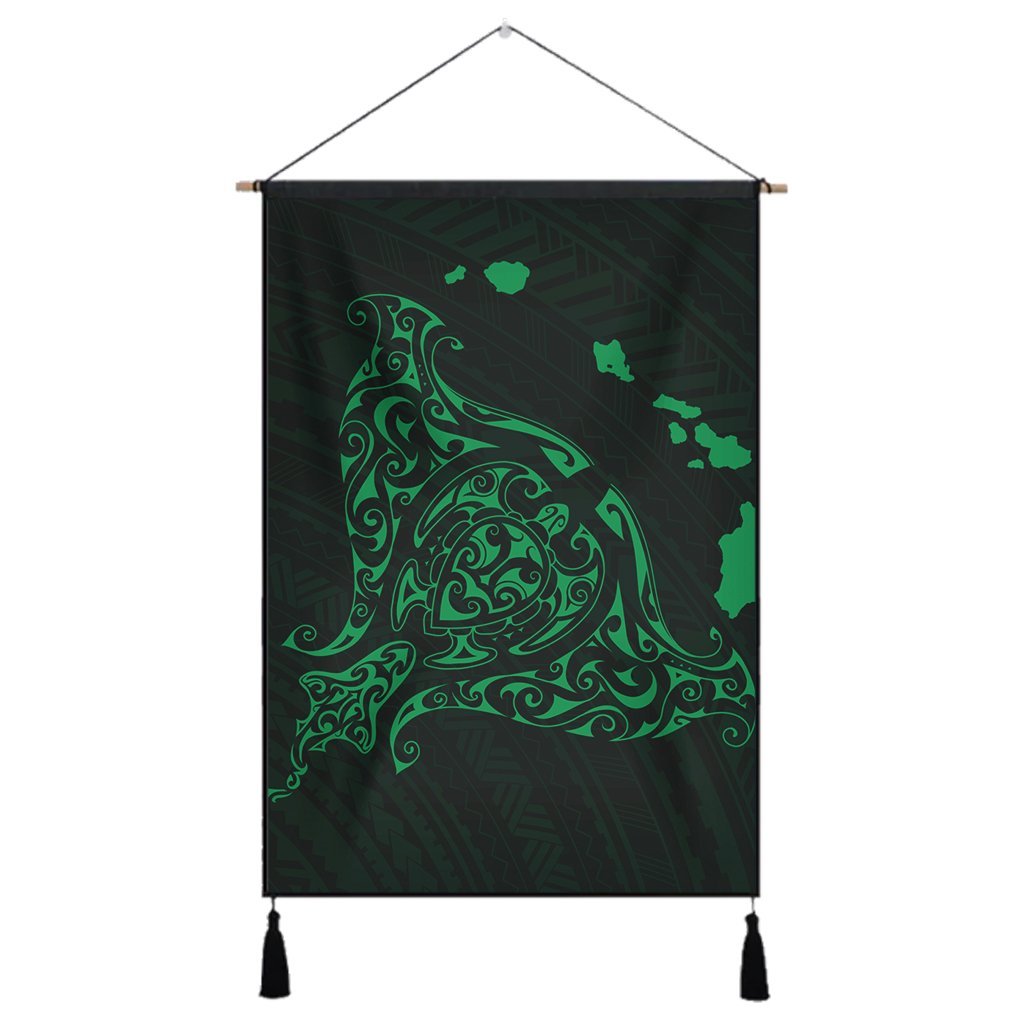 Hawaiian Map Manta Ray Green Polynesian Hanging Poster - AH Hanging Poster Cotton And Linen - Polynesian Pride