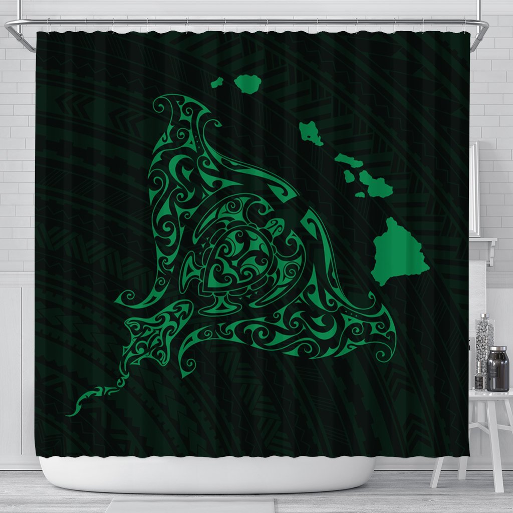 Hawaiian Map Manta Ray Green Polynesian Shower Curtain - AH 177 x 172 (cm) Black - Polynesian Pride