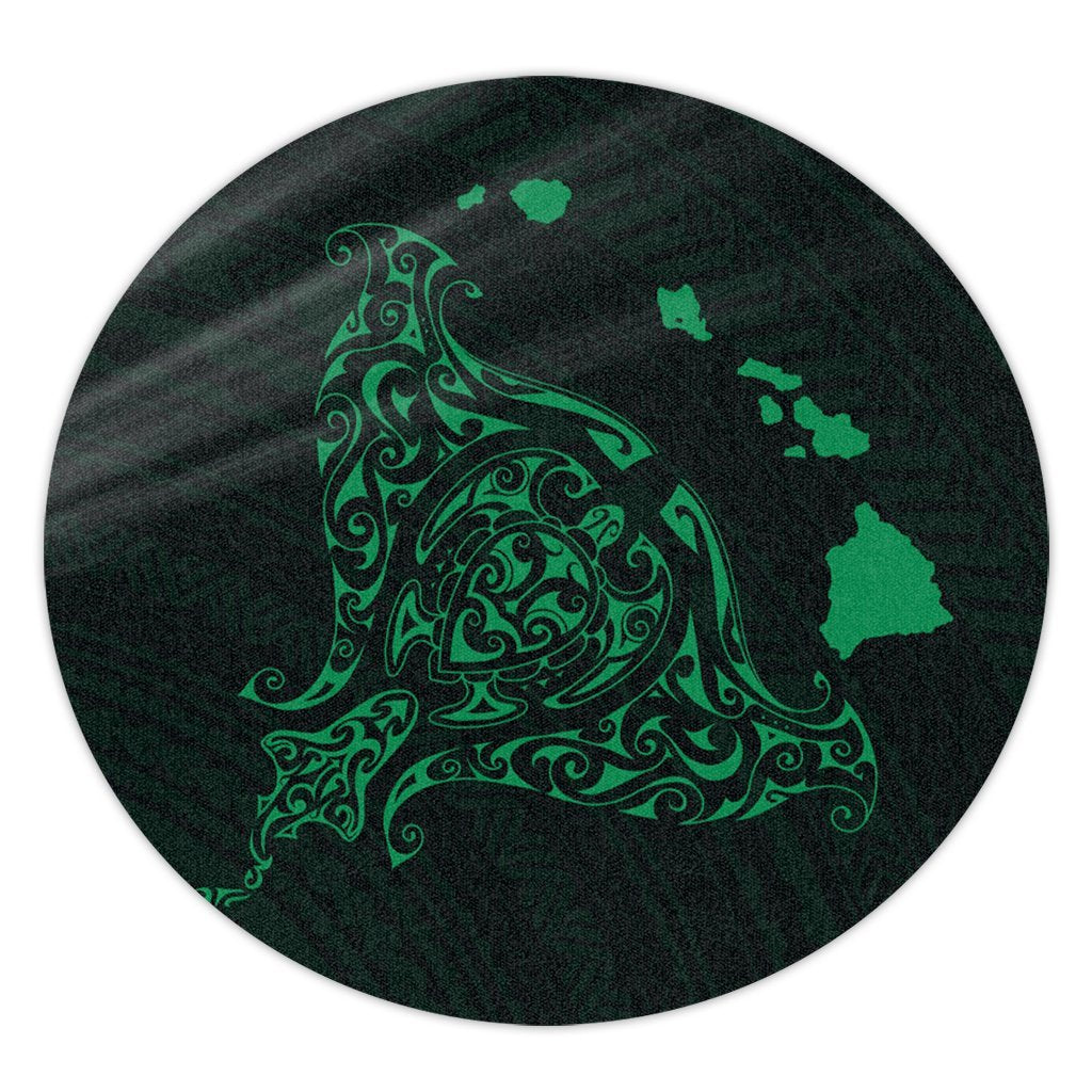 Hawaiian Map Manta Ray Green Polynesian Round Carpet - AH Round Carpet Luxurious Plush - Polynesian Pride