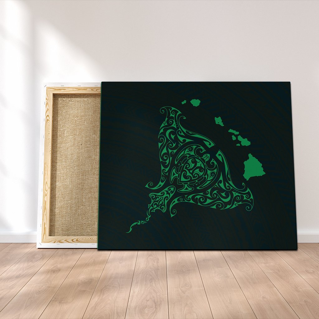 Hawaiian Map Manta Ray Green Polynesian Canvas - AH Canvas Poly-cotton - Polynesian Pride