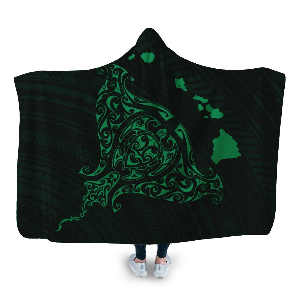 Hawaiian Map Manta Ray Green Polynesian Hooded Blanket - AH Hooded Blanket White - Polynesian Pride