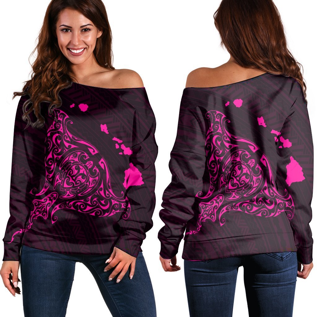 Hawaiian Map Manta Ray Pink Polynesian Women's Off Shoulder Sweater - AH Black - Polynesian Pride