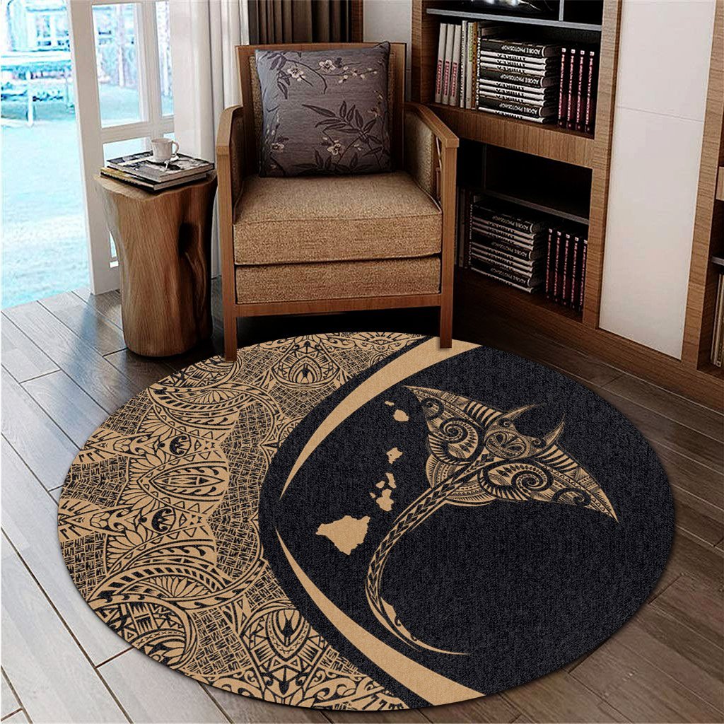Hawaiian Map Manta Ray Polynesian Round Carpet - Gold - AH - Polynesian Pride