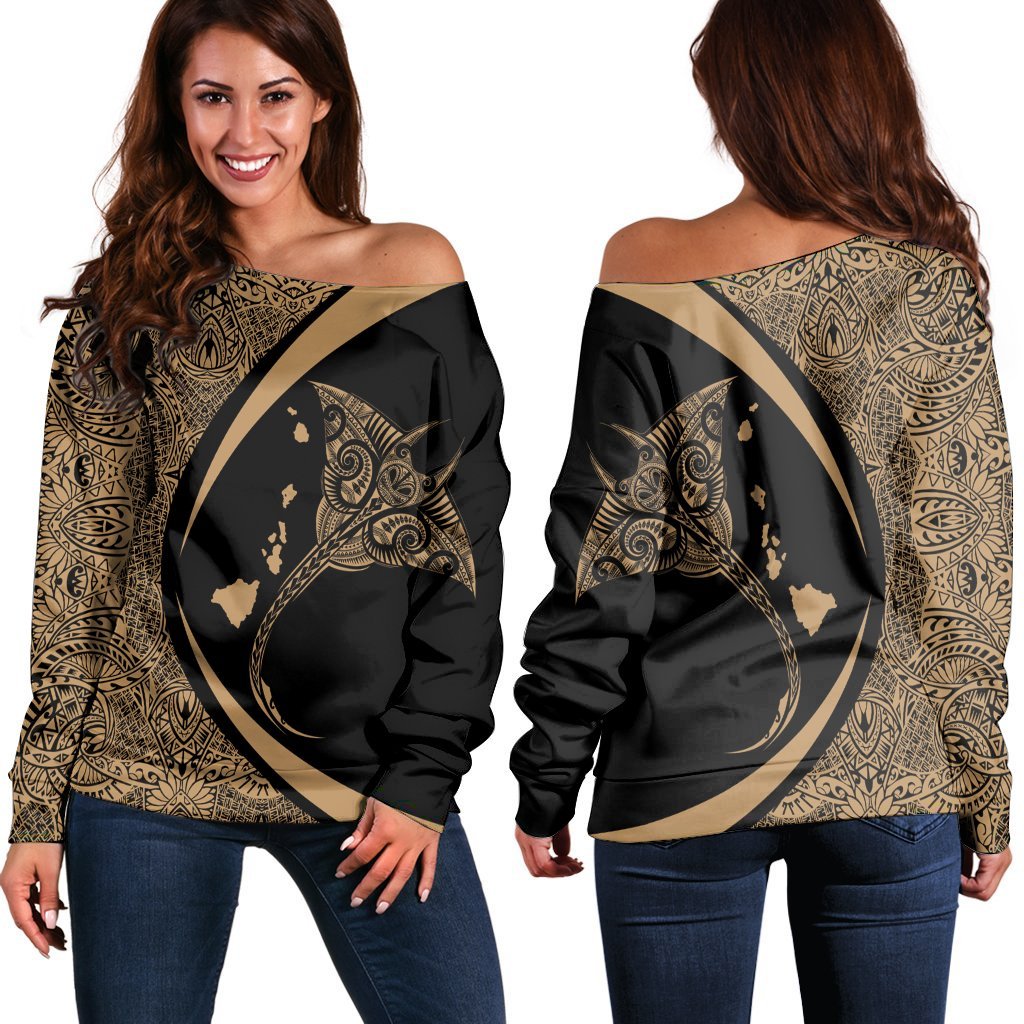 Hawaiian Map Manta Ray Polynesian Women's Off Shoulder Sweater - Gold - AH Black - Polynesian Pride